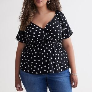 1X - PENN. | Printed Dotted Faux-Wrap Blouse with Balloon Sleeves